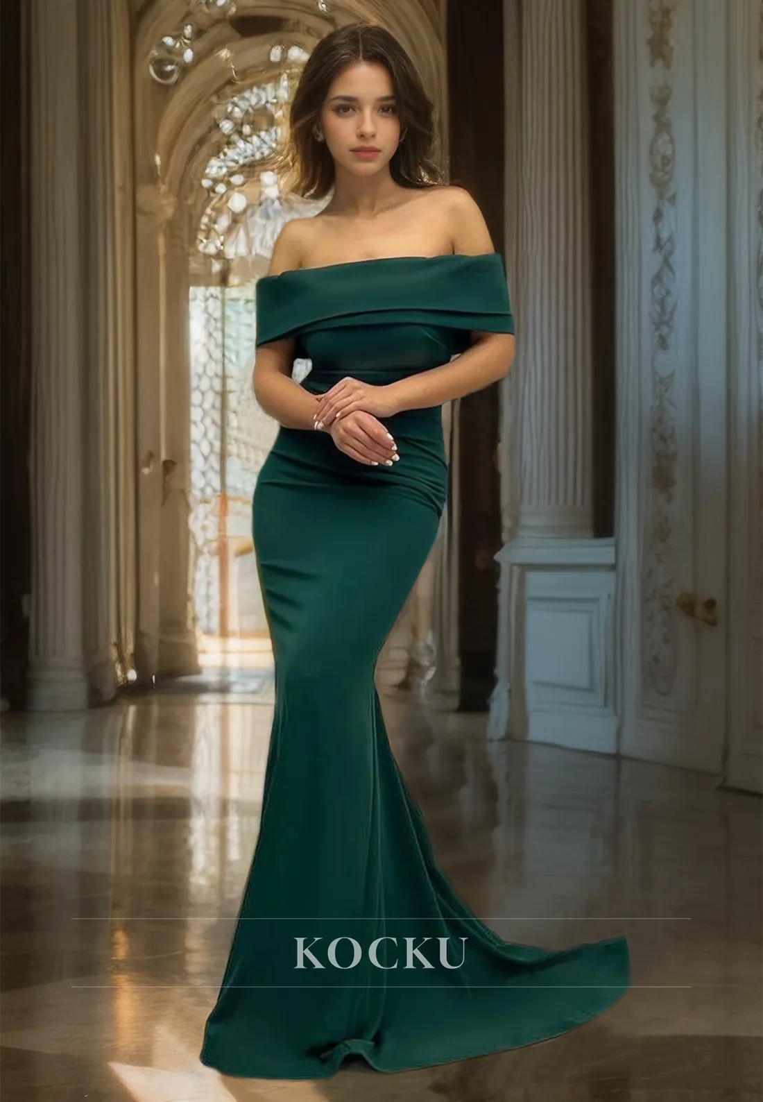 Off-Shoulder Mermaid Sleeveless Sweep Train Satin Evening Dress with Pleated Prom Dress