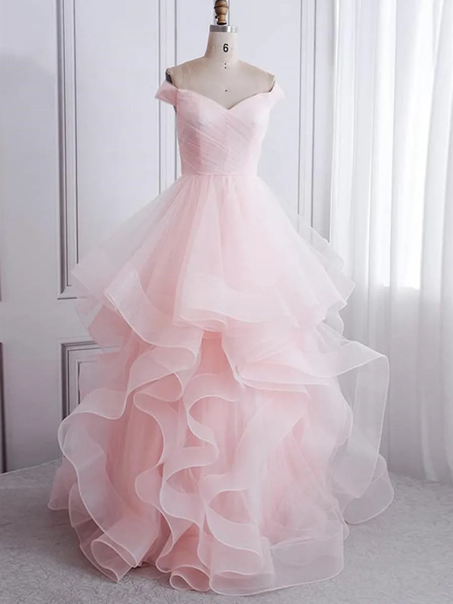 Off Shoulder Pink Long Prom Dresses, Fluffy Pink Formal Evening Dresses, Ball