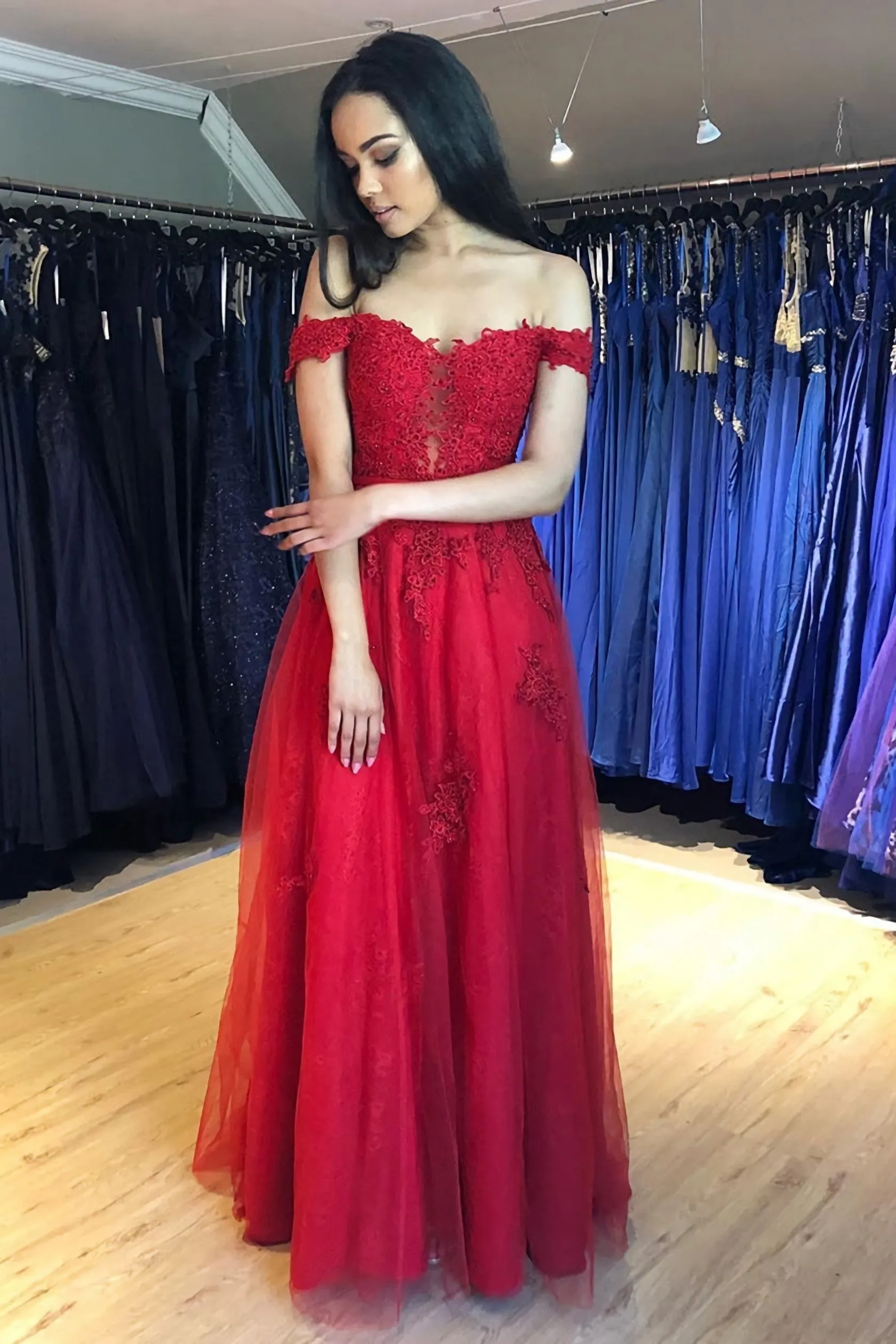 Off Shoulder Red Lace Long Evening Dress, Off The Shoulder Red Formal Dresses