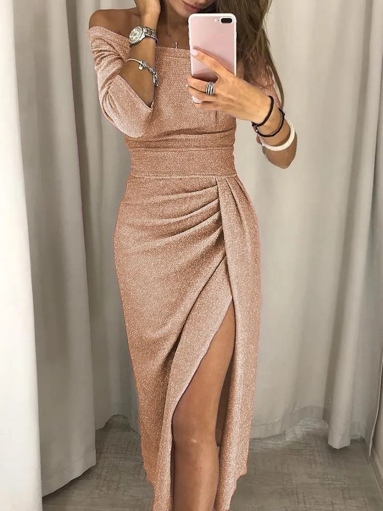 Off Shoulder Side Slit Bust Darts Plain Bodycon Dresses