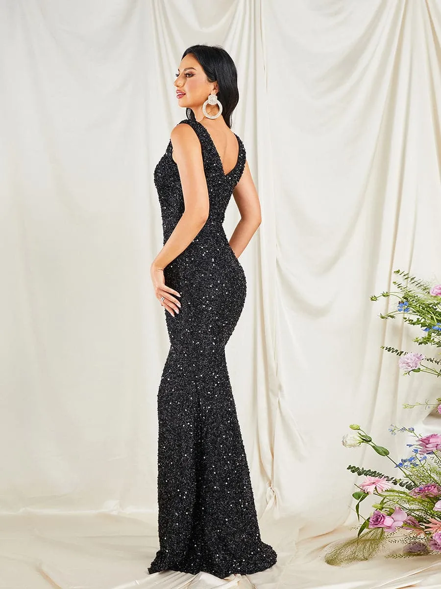 Off The Shoulder Mermaid Sequin Black Evening Dress RJ10286