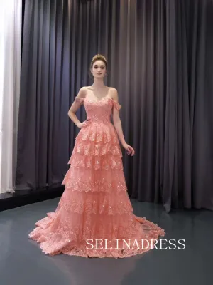 Off-the-shoulder Pink Lace Prom Dress Luxury Evening Gown Wedding Dress 241094