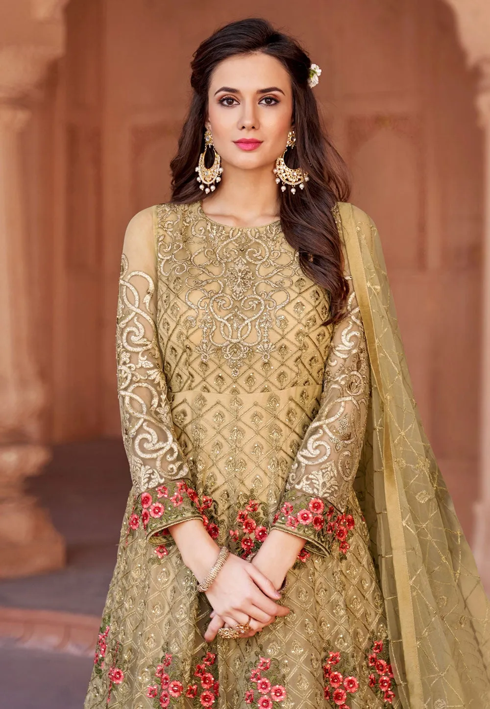 Olive Green Floral Embroidered Net Anarkali Suit