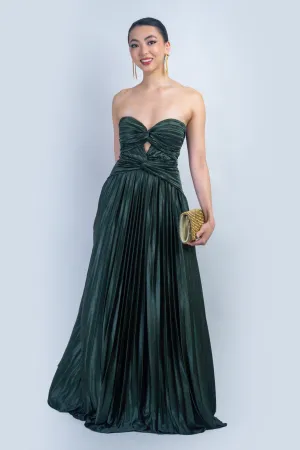 Olive Satin Sweetheart Pleated Twist Gown