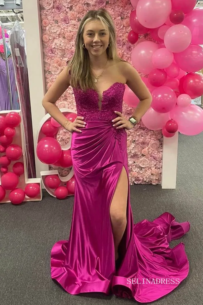 One Shoulder Fuchsia Ruched Long Prom Dress with 3D Flowers With Slit lpk576