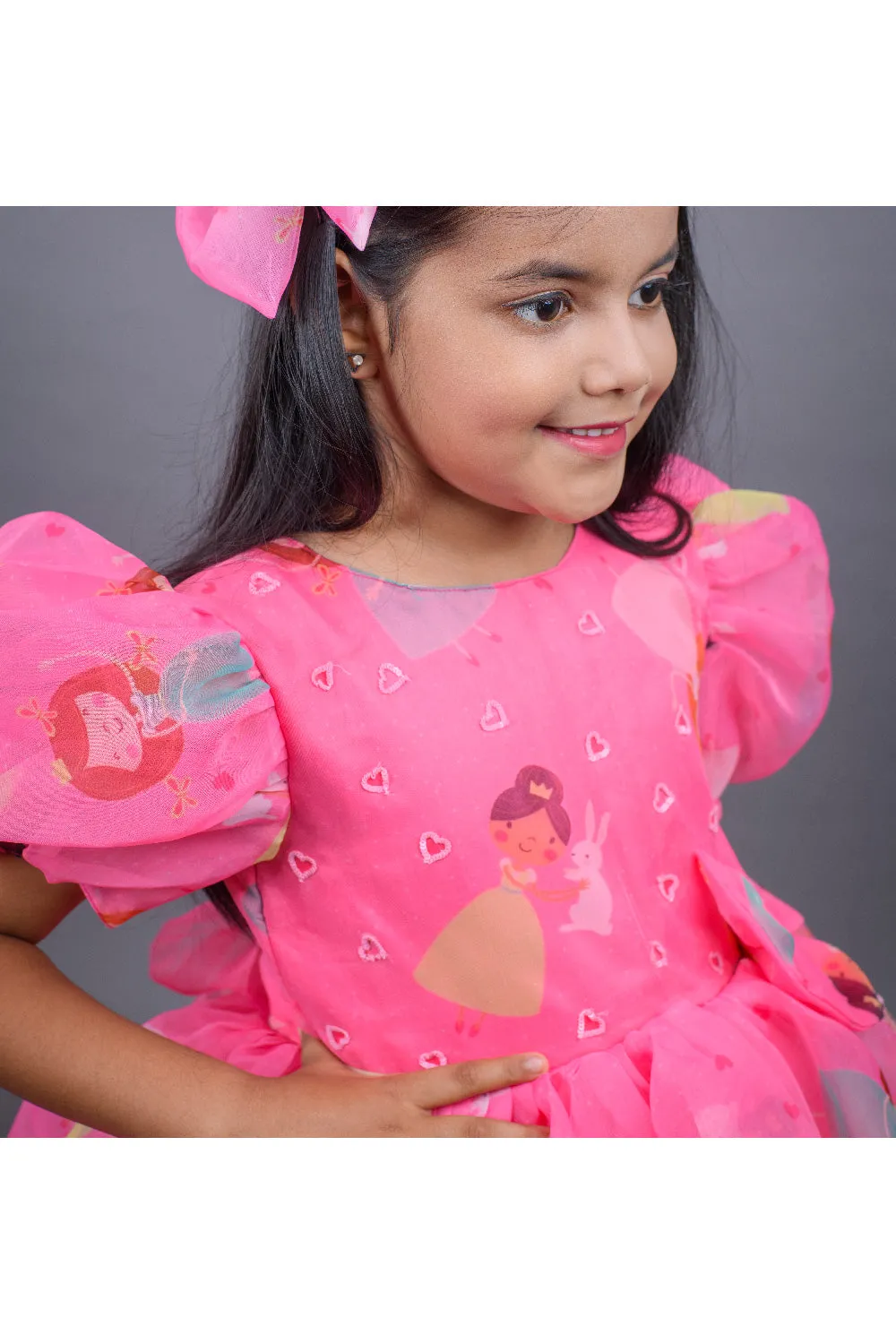 Pink Fairy Printed Bow Organza Dress