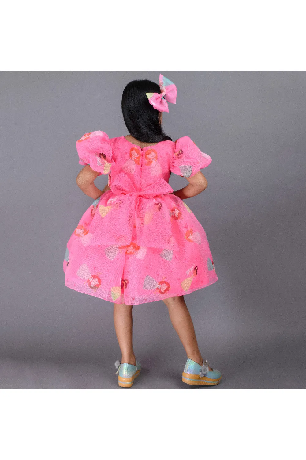 Pink Fairy Printed Bow Organza Dress