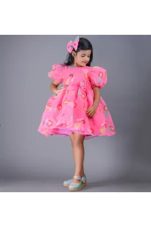 Pink Fairy Printed Bow Organza Dress