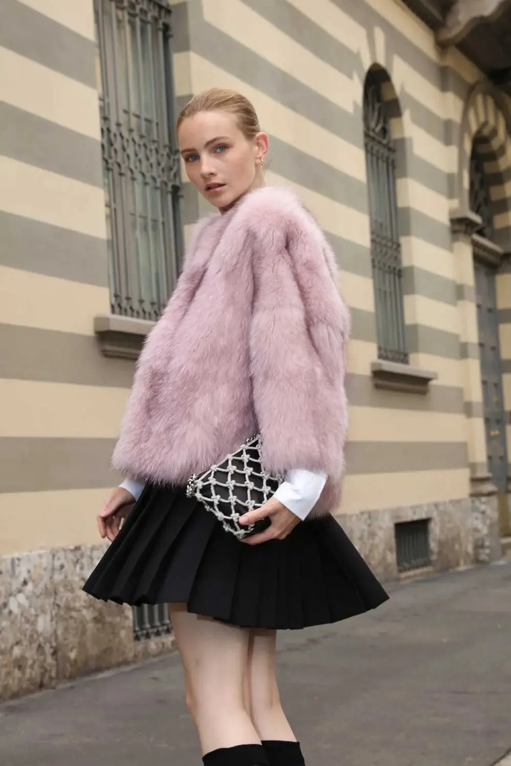 Pink fox fur coat