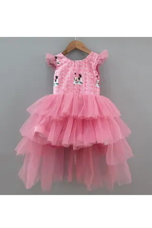 Pink minnie mouse printed high and low gown with a head band