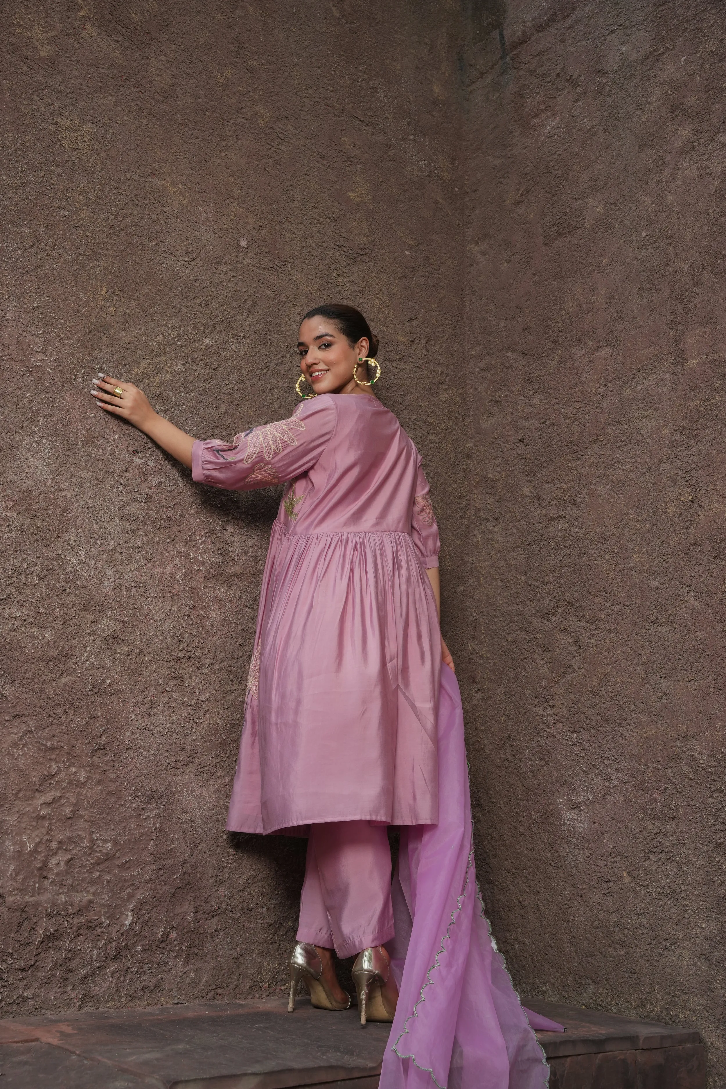 Pink Palash Silk Suit with Embroidery Detailing