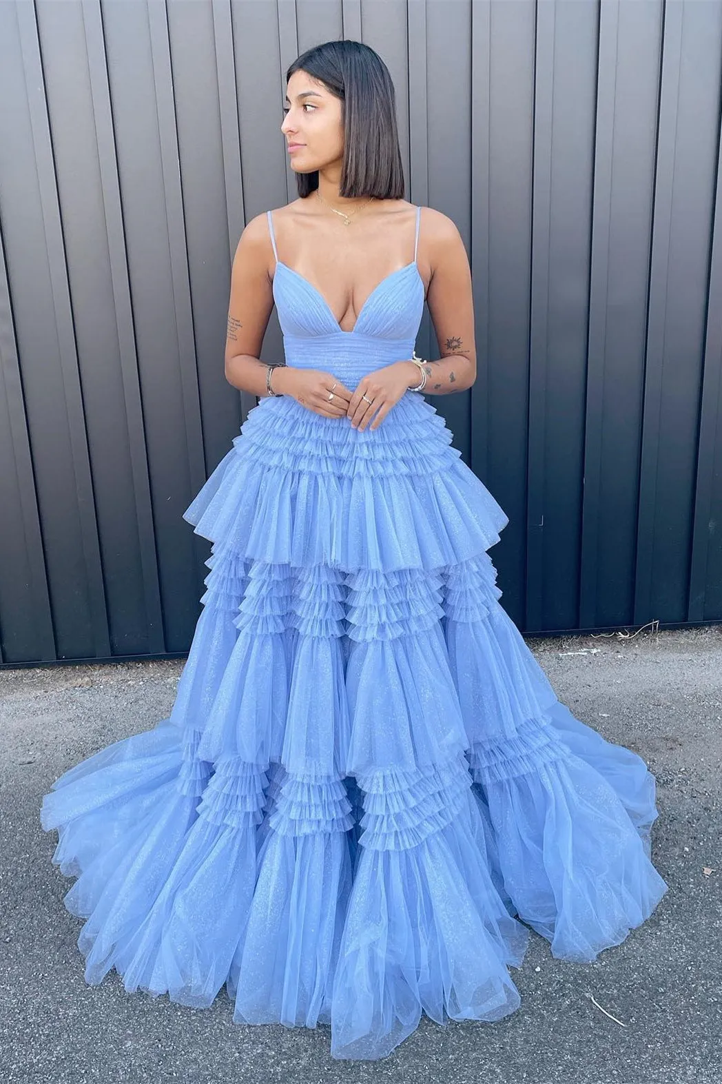 Pink V Neck Layers Tulle Long Ball Gown,Light Blue A Line Spaghetti Strap Evening Dresses