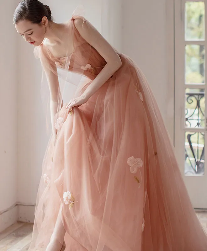 Pink V Neck Tulle Long Prom Dress, Tulle Pink Evening Dress