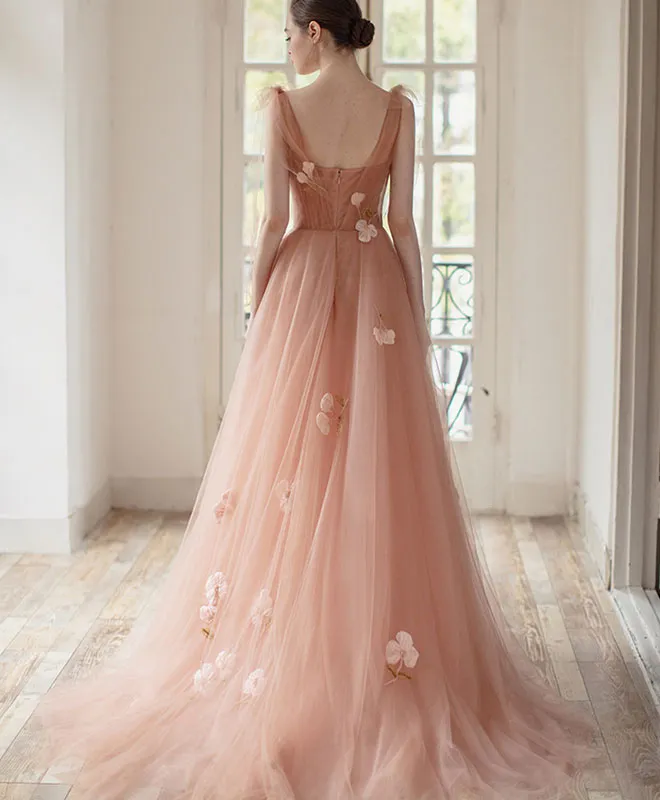 Pink V Neck Tulle Long Prom Dress, Tulle Pink Evening Dress