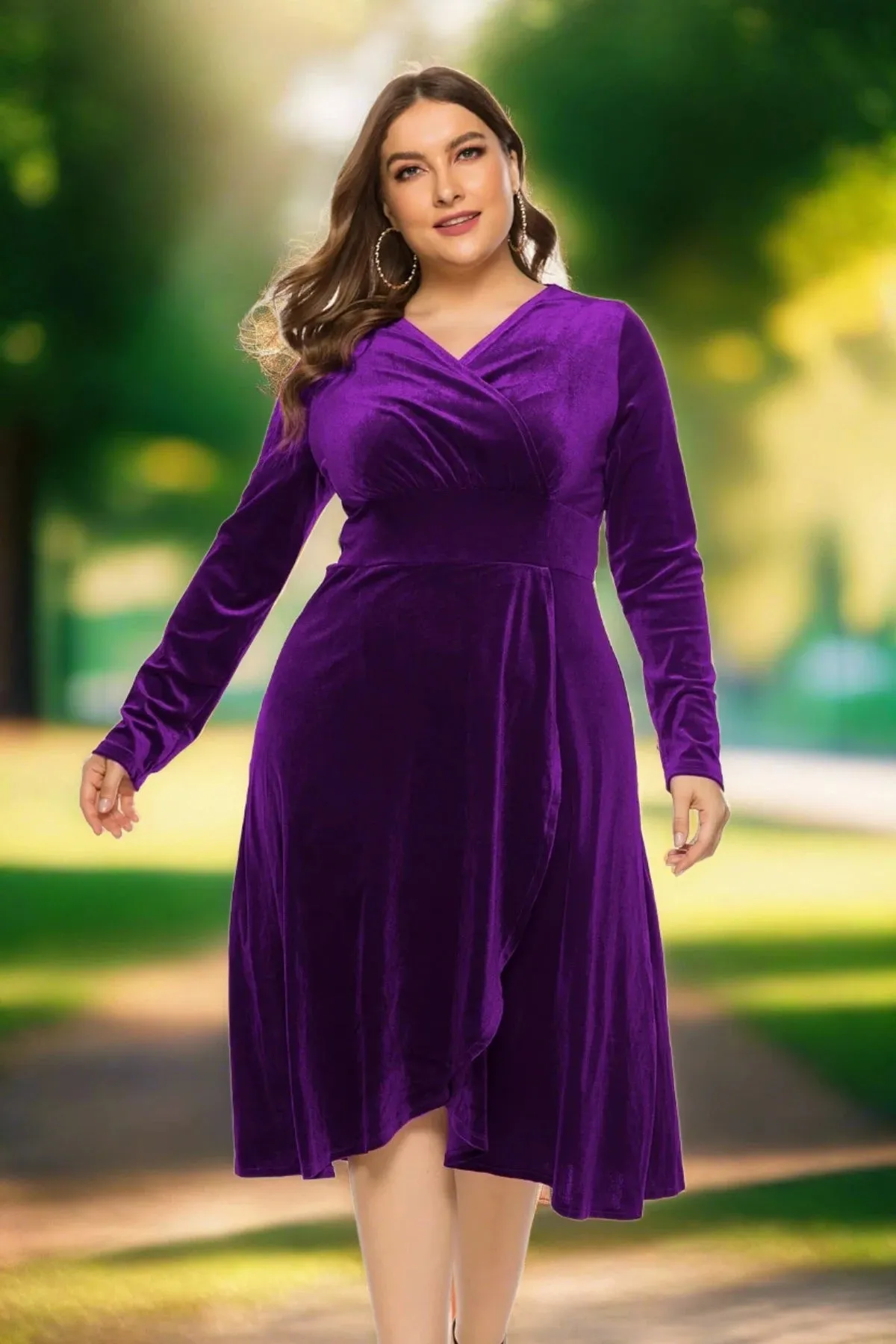 Plus Size Velvet Evening Dress - A-Line, Mid-Calf, V-Neck, Full Sleeves