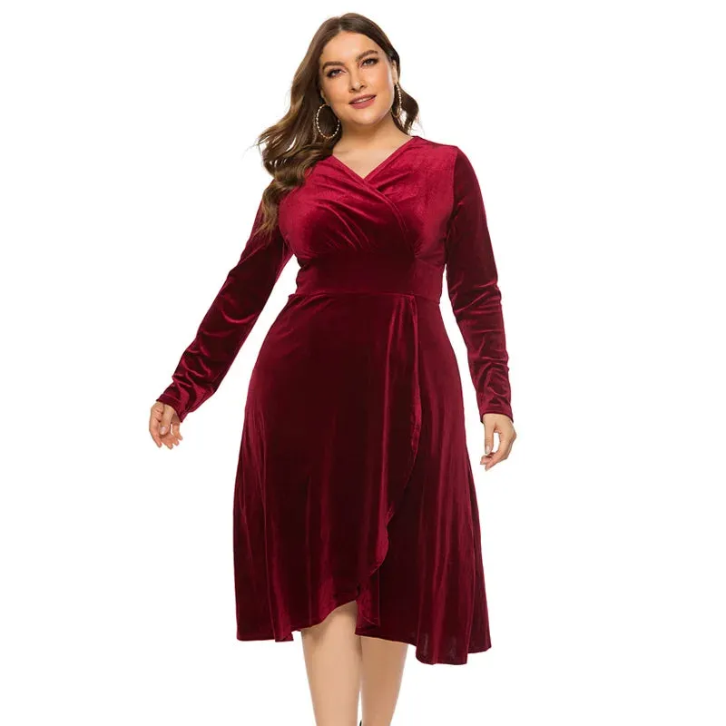 Plus Size Velvet Evening Dress - A-Line, Mid-Calf, V-Neck, Full Sleeves