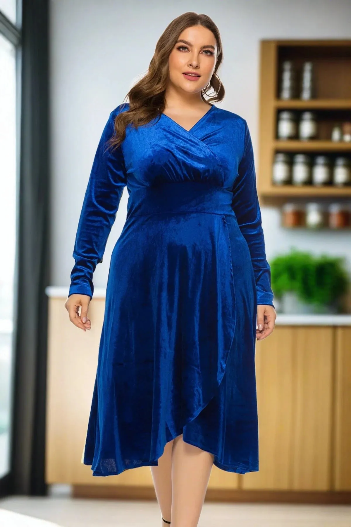 Plus Size Velvet Evening Dress - A-Line, Mid-Calf, V-Neck, Full Sleeves