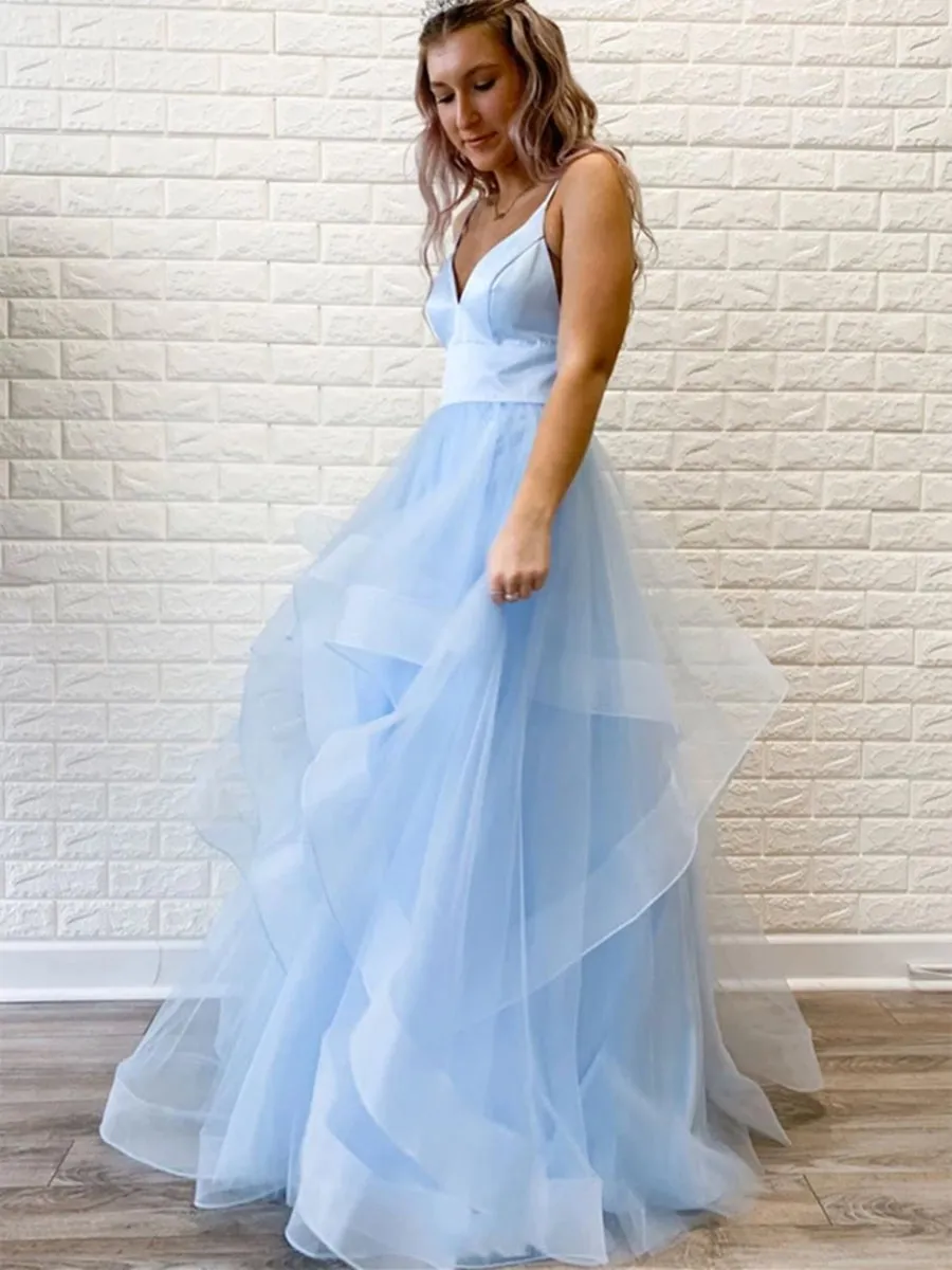 Princess V Neck Long Pink/Light Blue Prom Dresses, Puffy Pink/Light Blue Formal Evening Dresses, Light Blue Party Dresses, Pink Ball