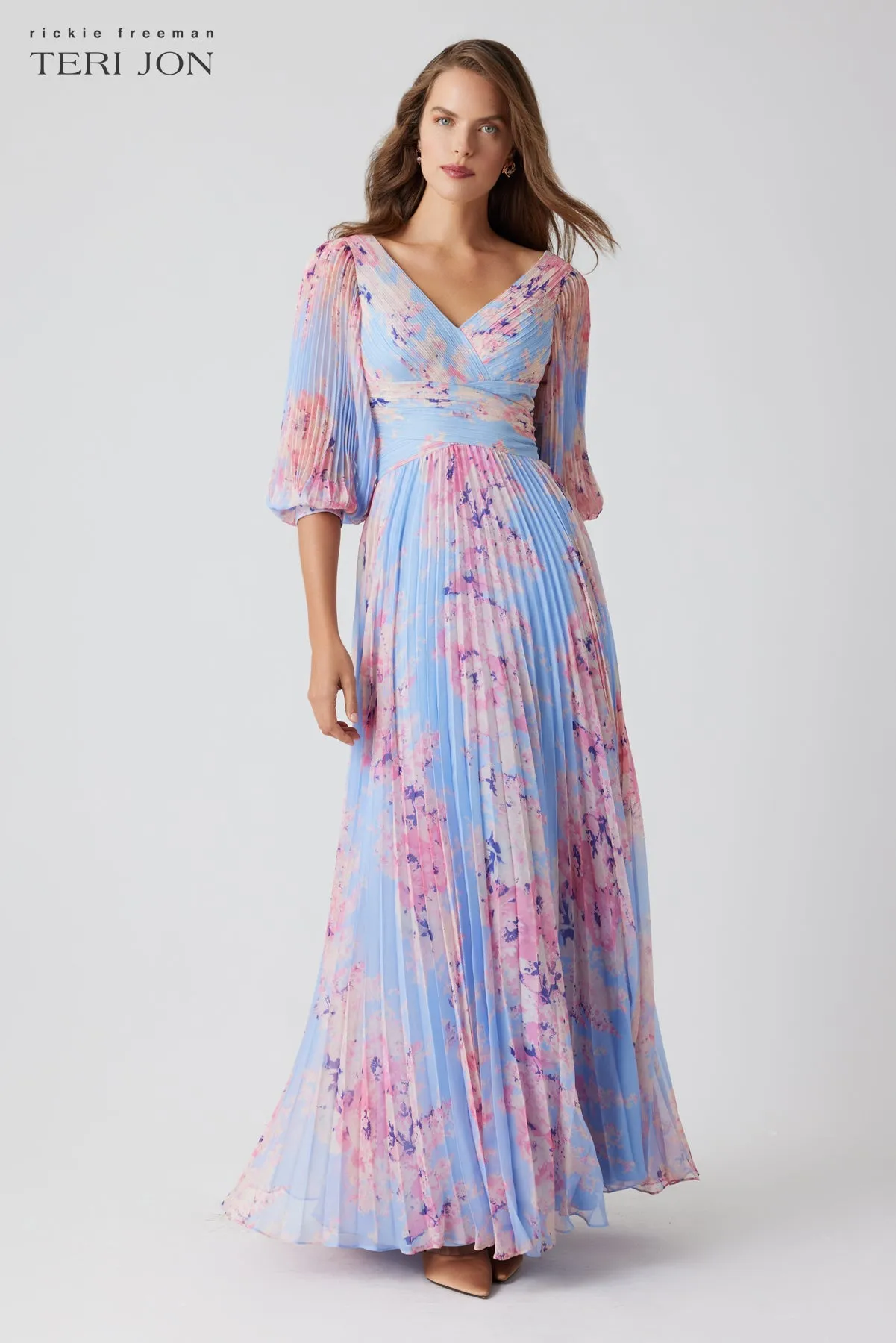 Printed Chiffon Pleated V Neck Gown