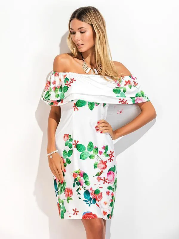 Printed Falbala Off Shoulder Midi Dress