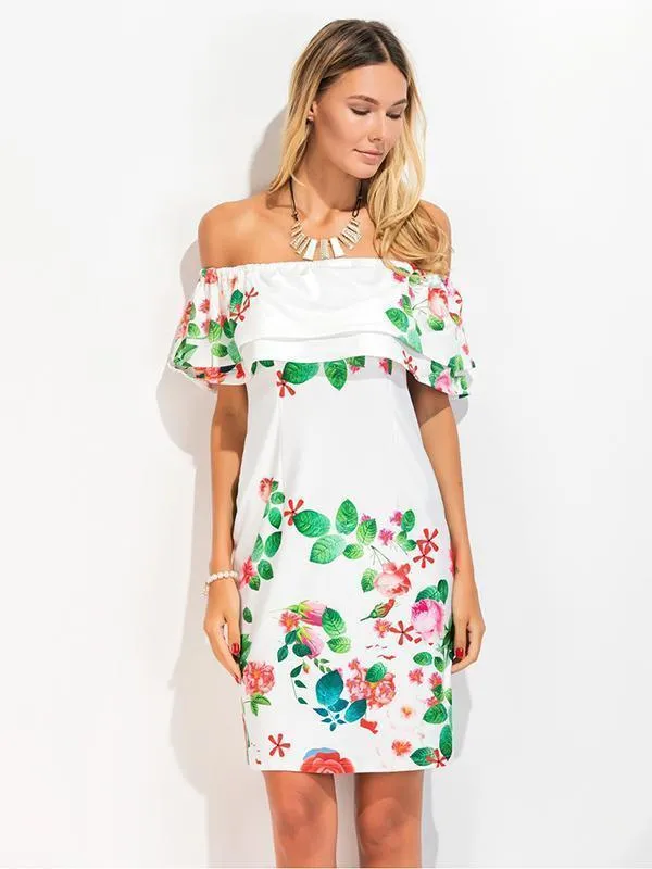 Printed Falbala Off Shoulder Midi Dress