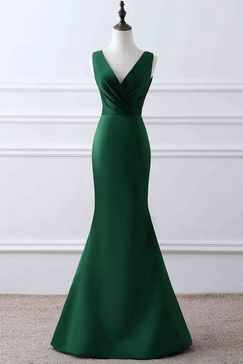 Prom Dress Green Matte Satin V Neck Mermaid Unique Design Evening Dress