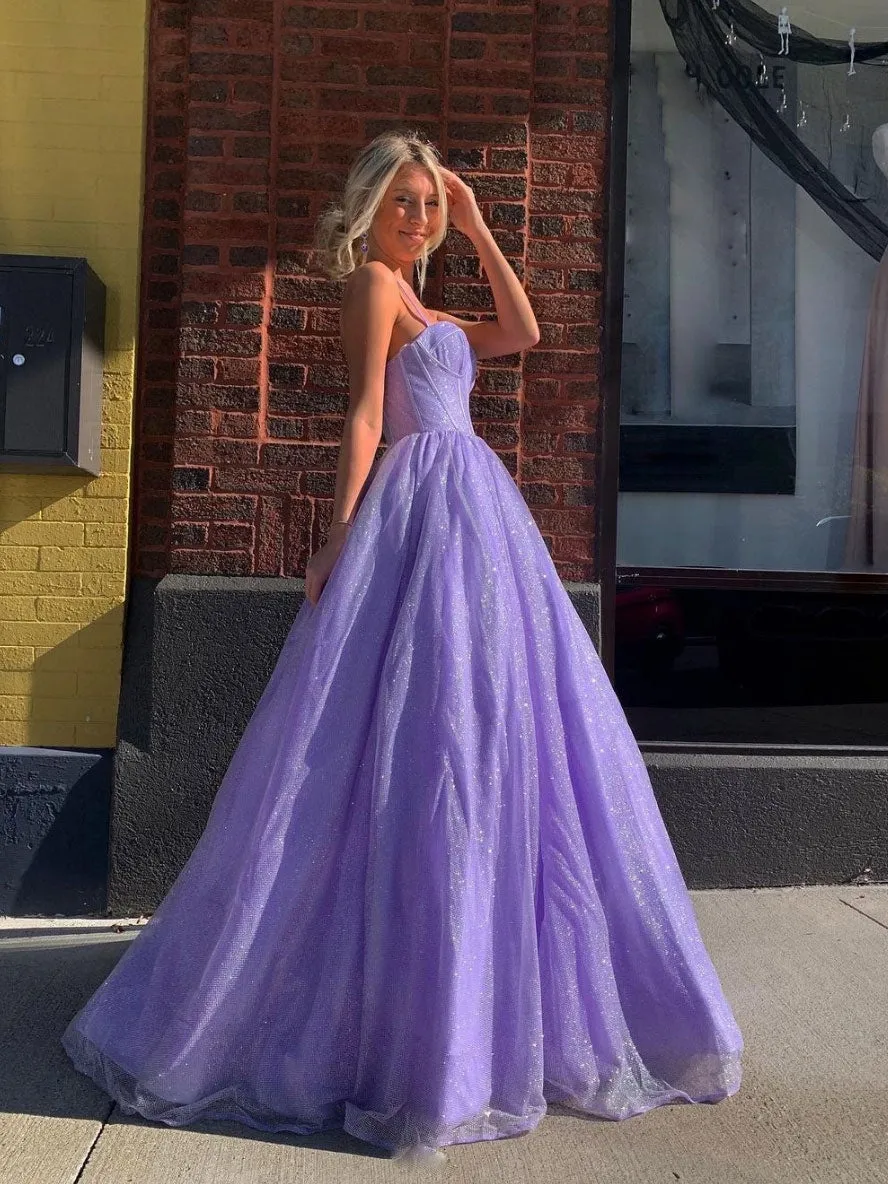 Purple A line tulle long prom dress, purple tulle evening dress