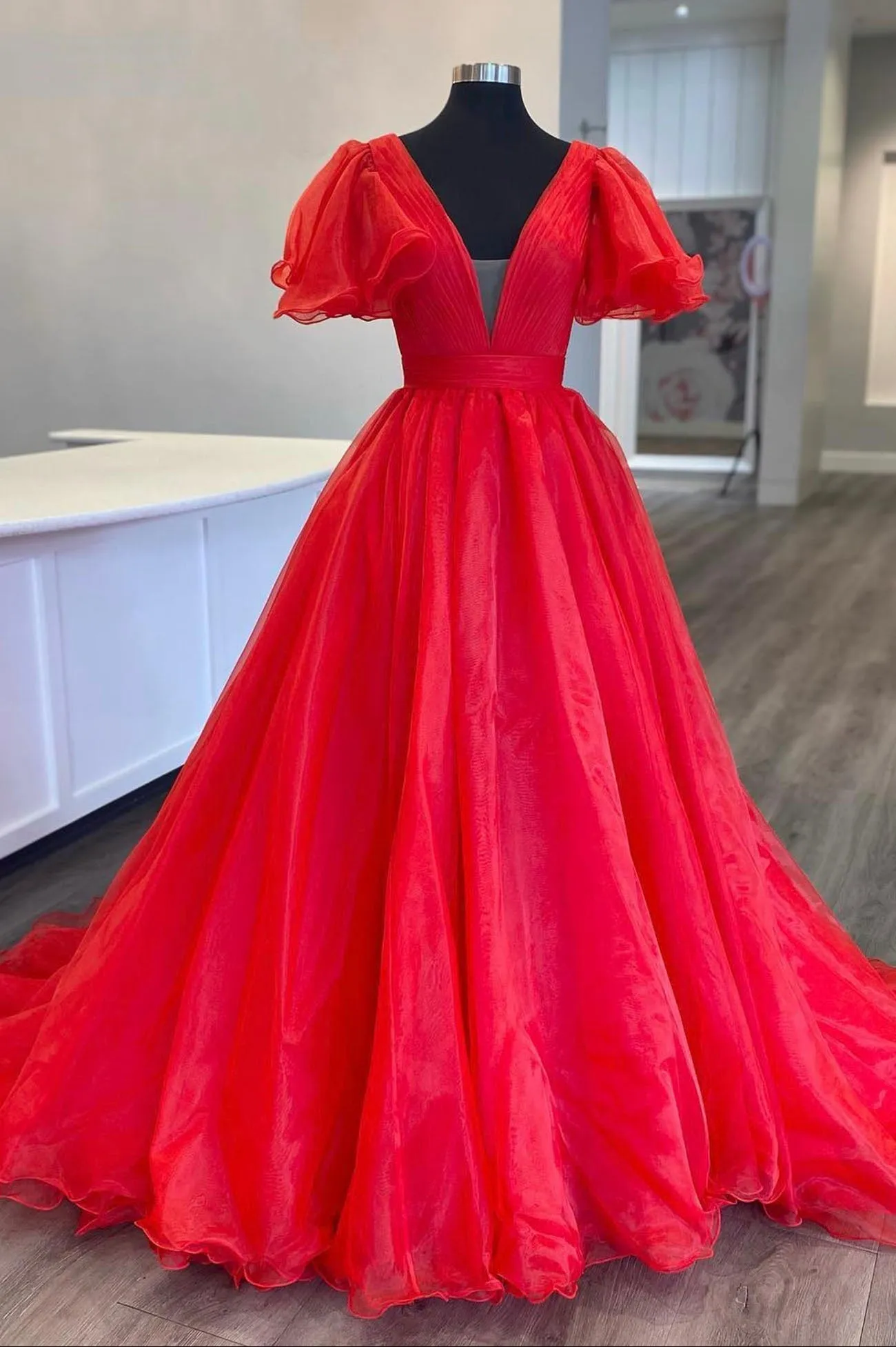 Red Organza Long A-Line Prom Dress Beautiful V-Neck Evening Dress