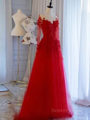 Red round neck tulle lace long prom dress red evening dress