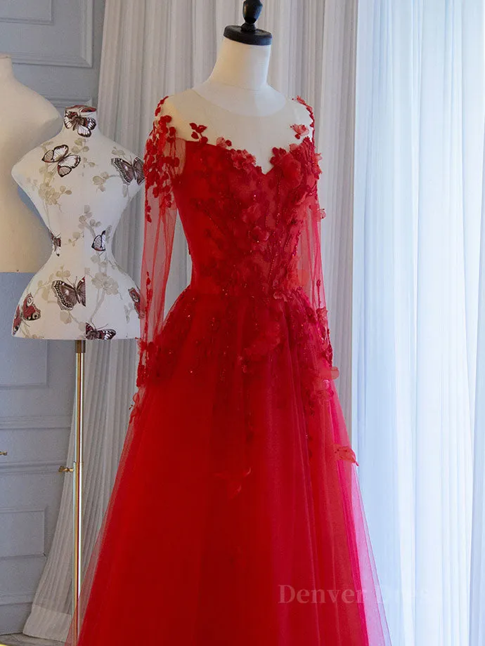 Red round neck tulle lace long prom dress red evening dress