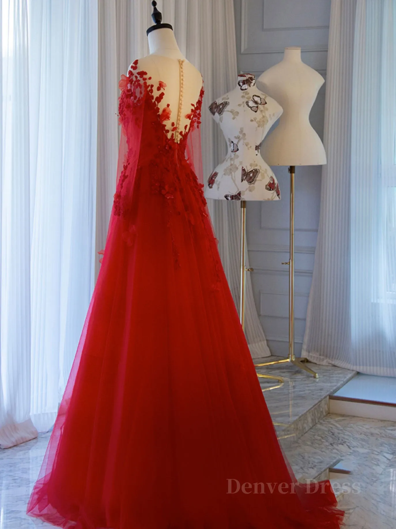 Red round neck tulle lace long prom dress red evening dress