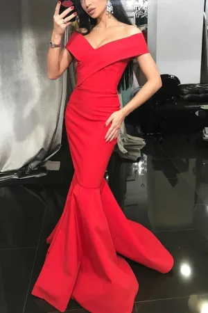 Red Satin Mermaid Evening Dress Off-the-shoulder