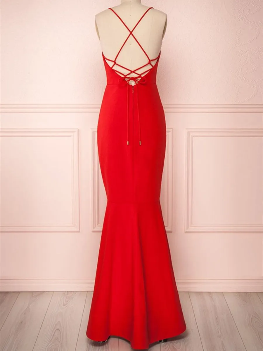 Red Thin Straps Mermaid Backless Long Prom Dresses, Red Mermaid Formal Dresses, Red Evening Dresses