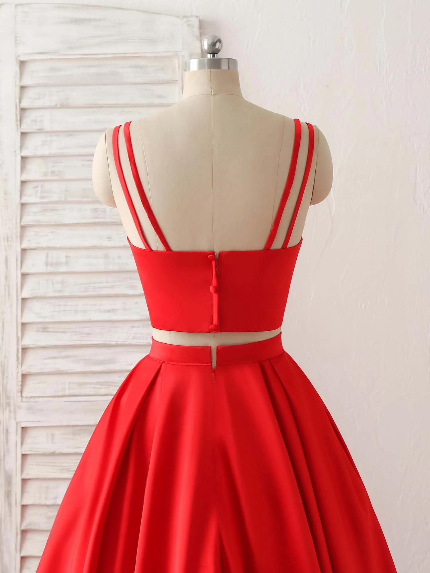 Red Two Pieces Satin Long Prom Dress Simple Red Evening Dress