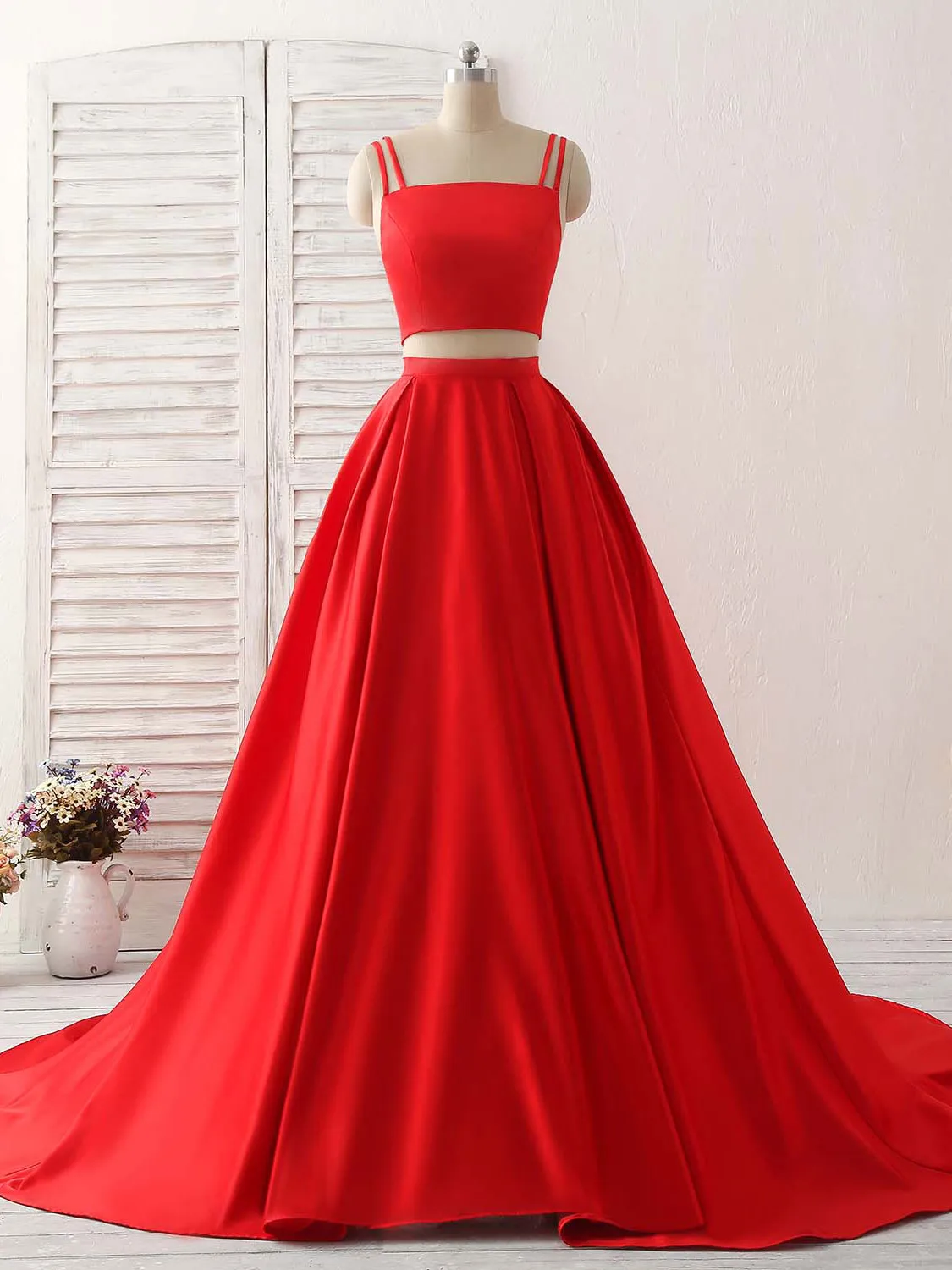 Red Two Pieces Satin Long Prom Dress Simple Red Evening Dress