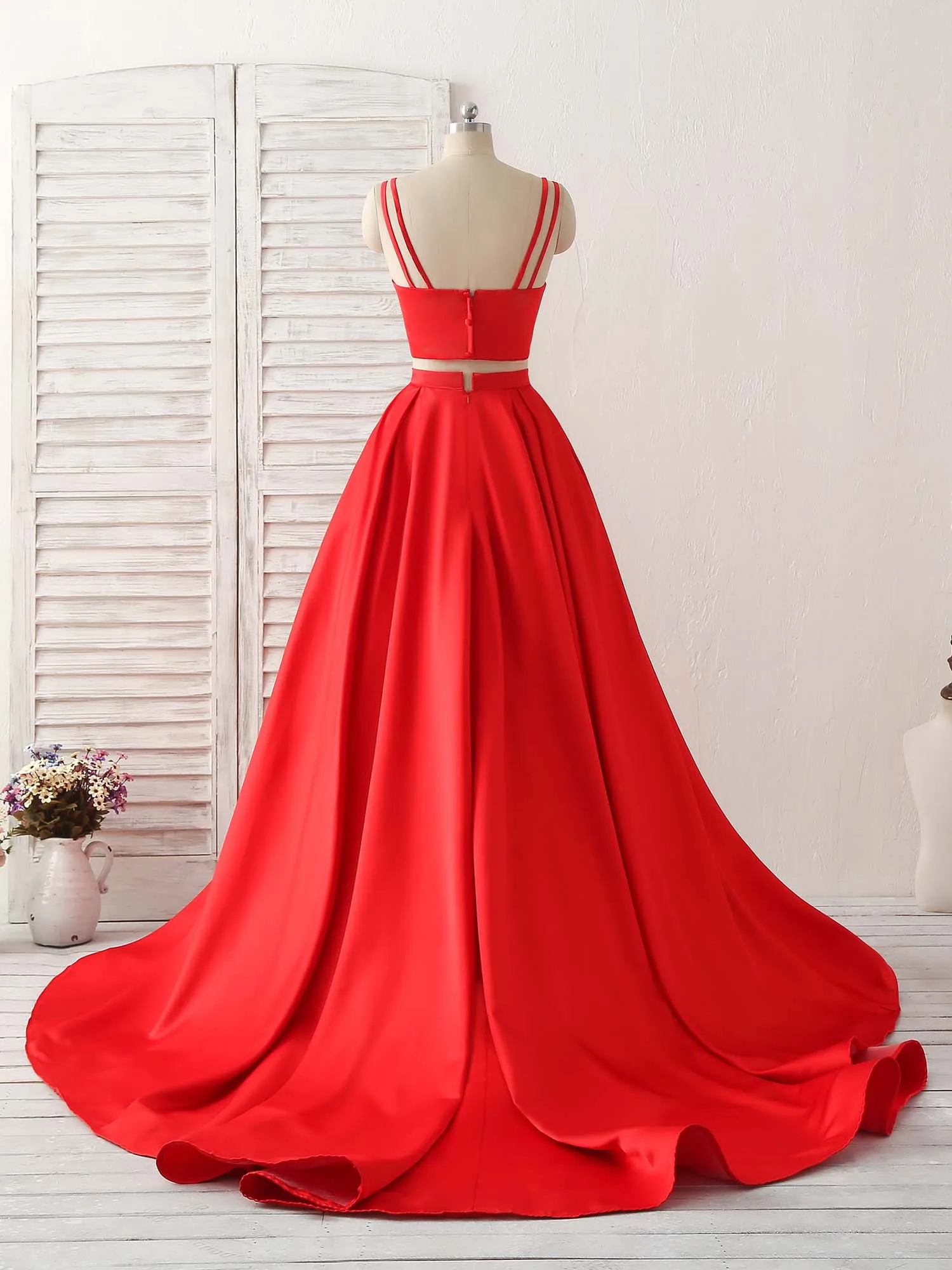 Red Two Pieces Satin Long Prom Dress Simple Red Evening Dress