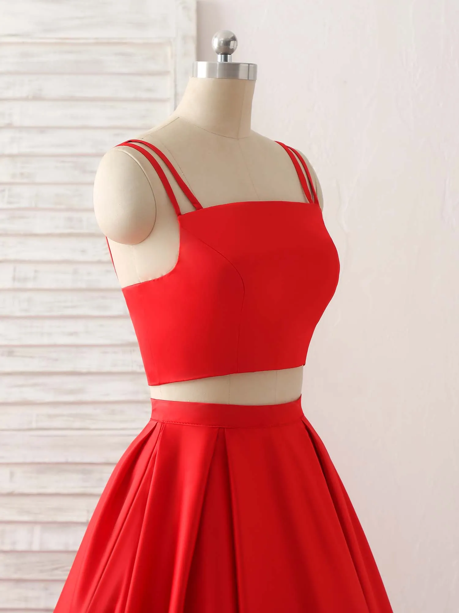 Red Two Pieces Satin Long Prom Dress Simple Red Evening Dress