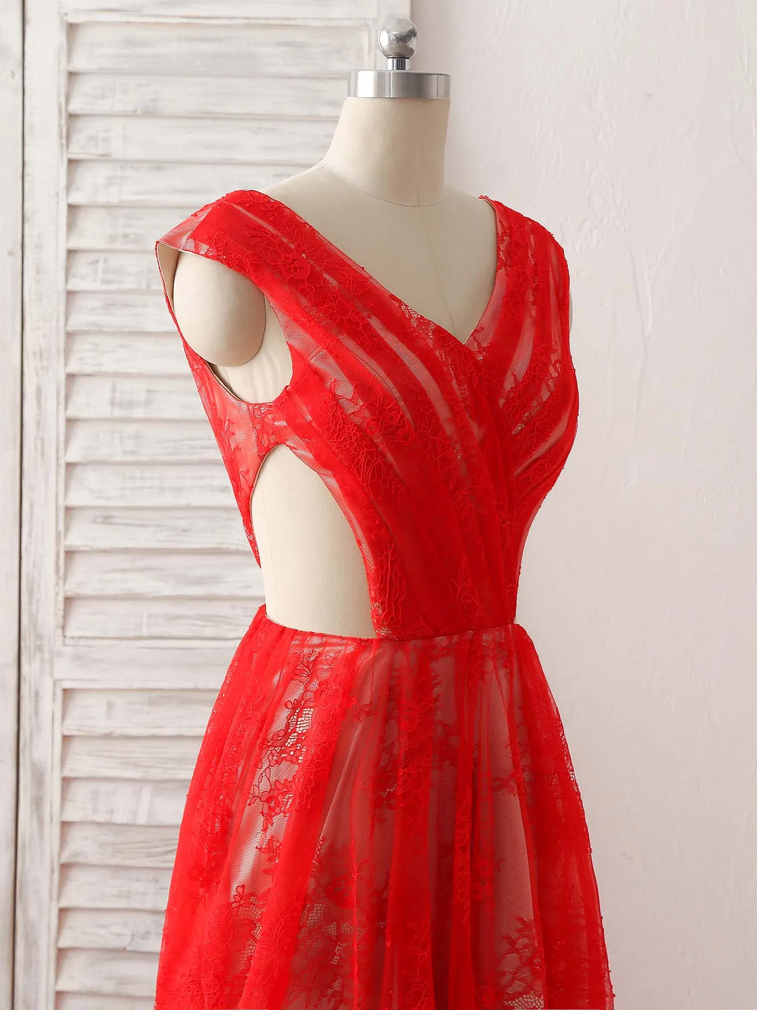 Red V Neck Lace Long Prom Dress, Lace Evening Dress