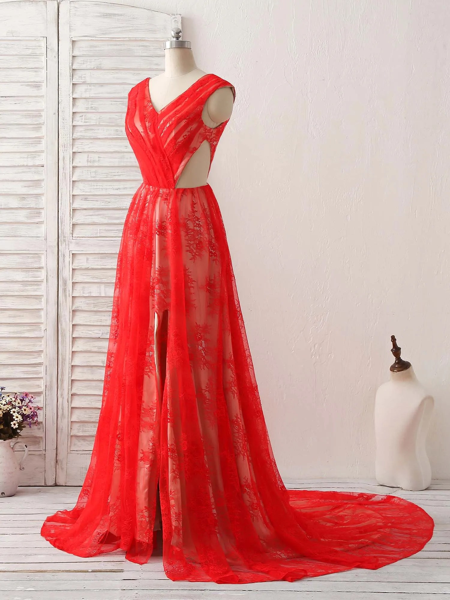 Red V Neck Lace Long Prom Dress, Lace Evening Dress