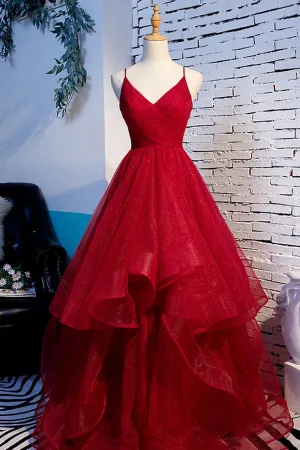 Red V-Neck Tulle Long Prom Dress A-Line Evening Dress