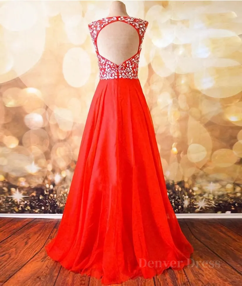 Round Neck Beaded Red Prom Dresses, Red Formal Dresses, Red Evening Dresses