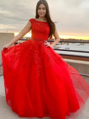 Round Neck Cap Sleeves Lace Red Long Prom Dresses, Cap Sleeves Red Lace Formal Dresses, Red Lace Evening Dresses, Red Ball