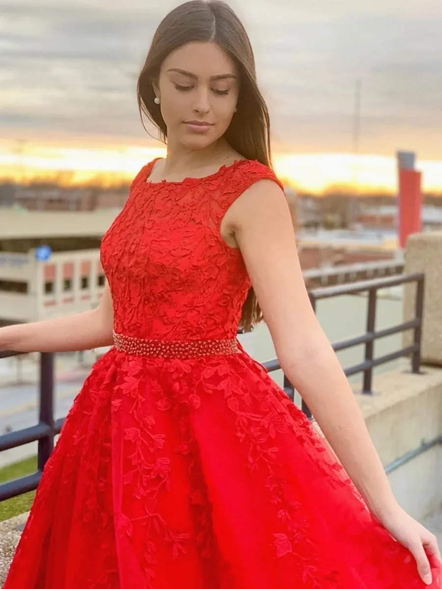 Round Neck Cap Sleeves Lace Red Long Prom Dresses, Cap Sleeves Red Lace Formal Dresses, Red Lace Evening Dresses, Red Ball