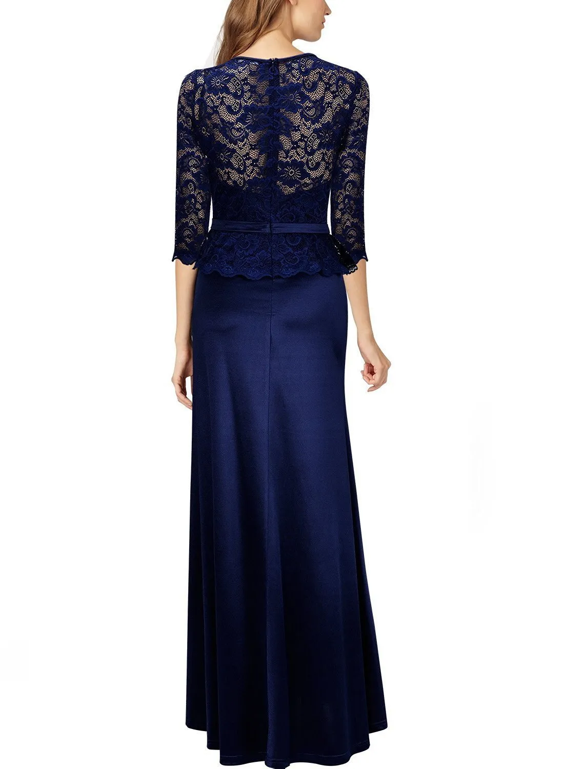 Round Neck Patchwork See-Through Plain Evening Dress