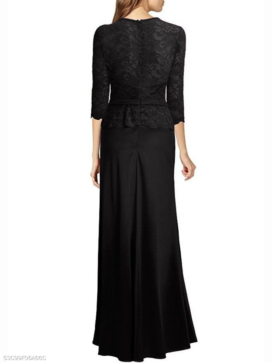 Round Neck Patchwork See-Through Plain Evening Dress