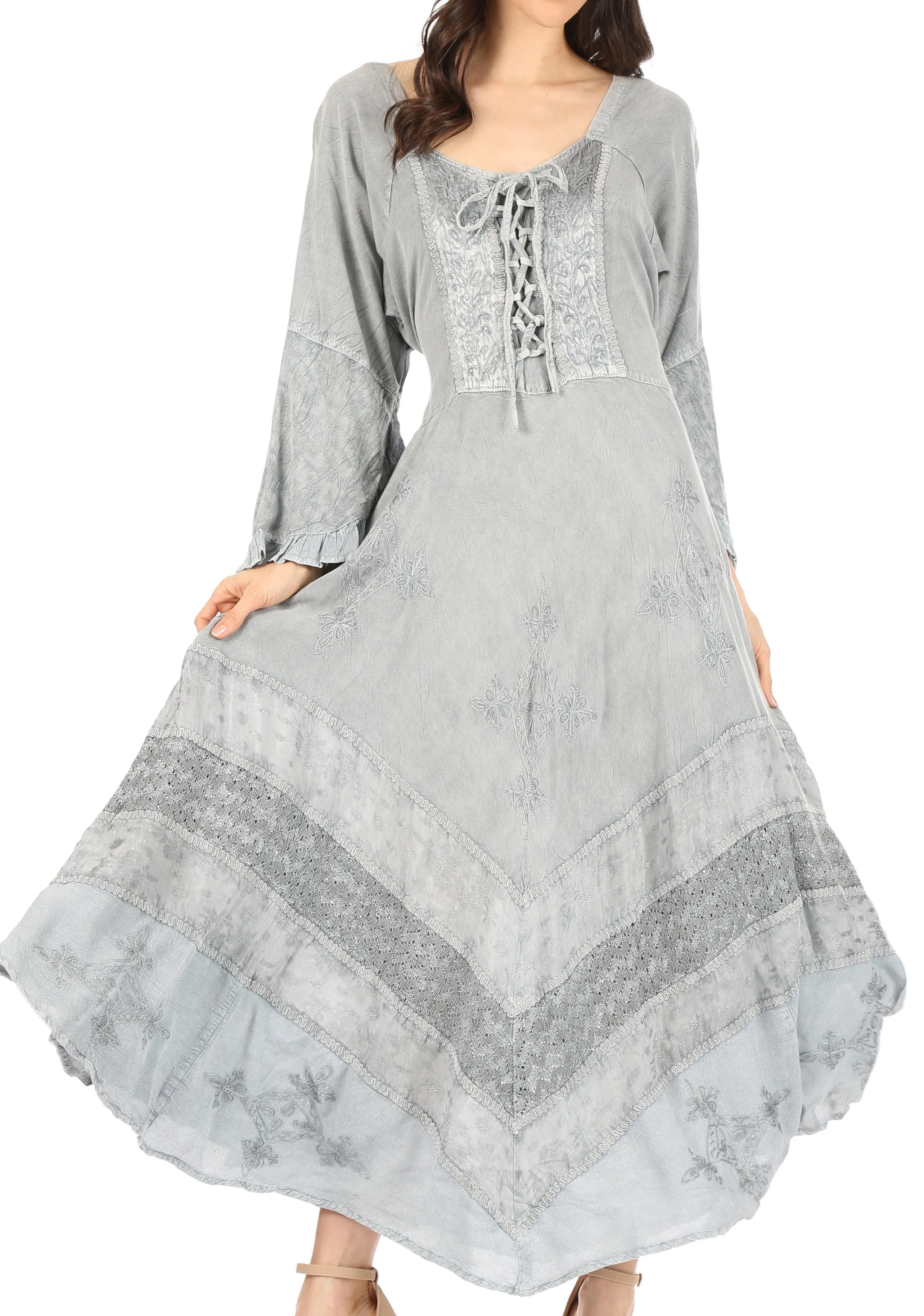 Sakkas Mirabel Stonewashed Corset Style Floral Emboridery Kimono Sleeve Dress