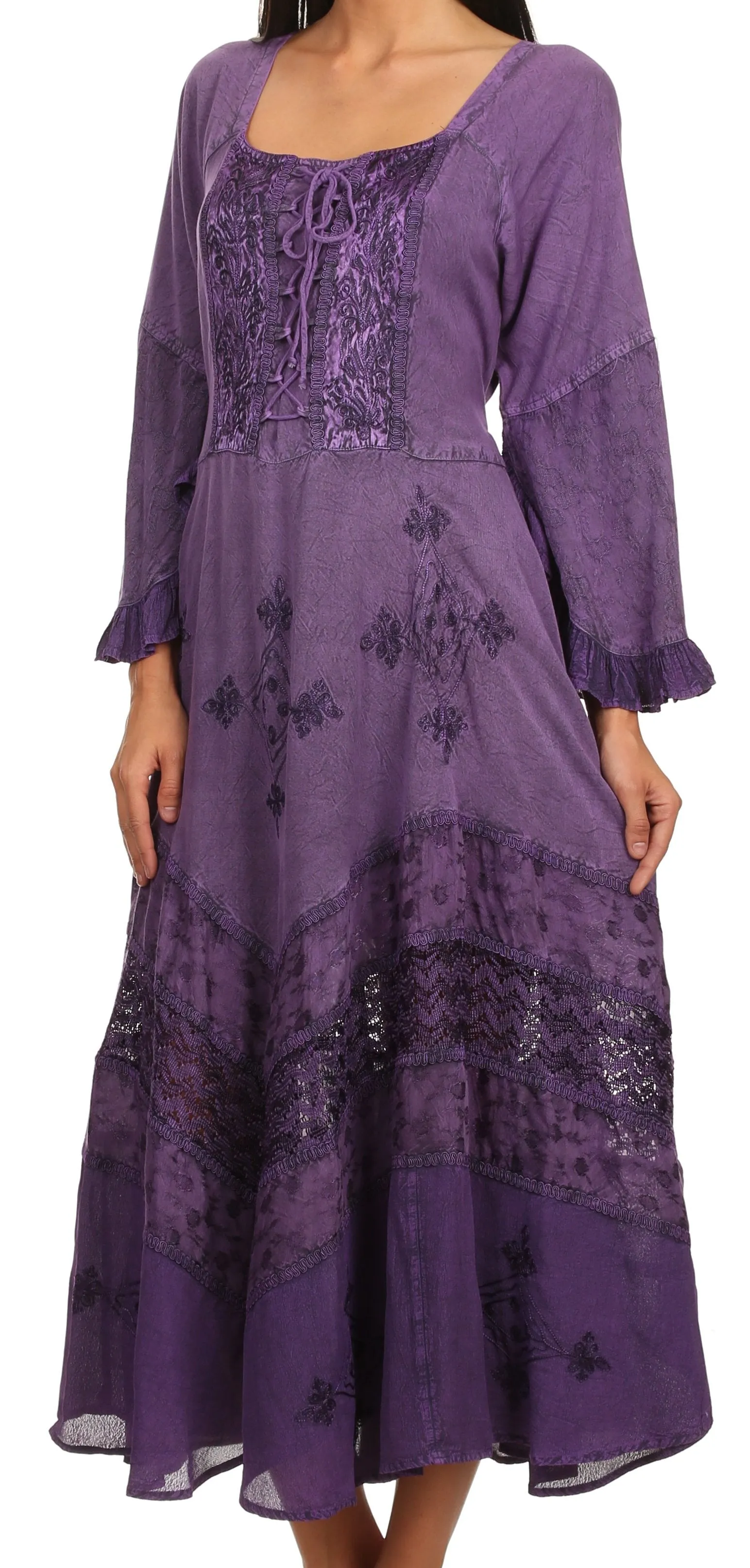 Sakkas Mirabel Stonewashed Corset Style Floral Emboridery Kimono Sleeve Dress