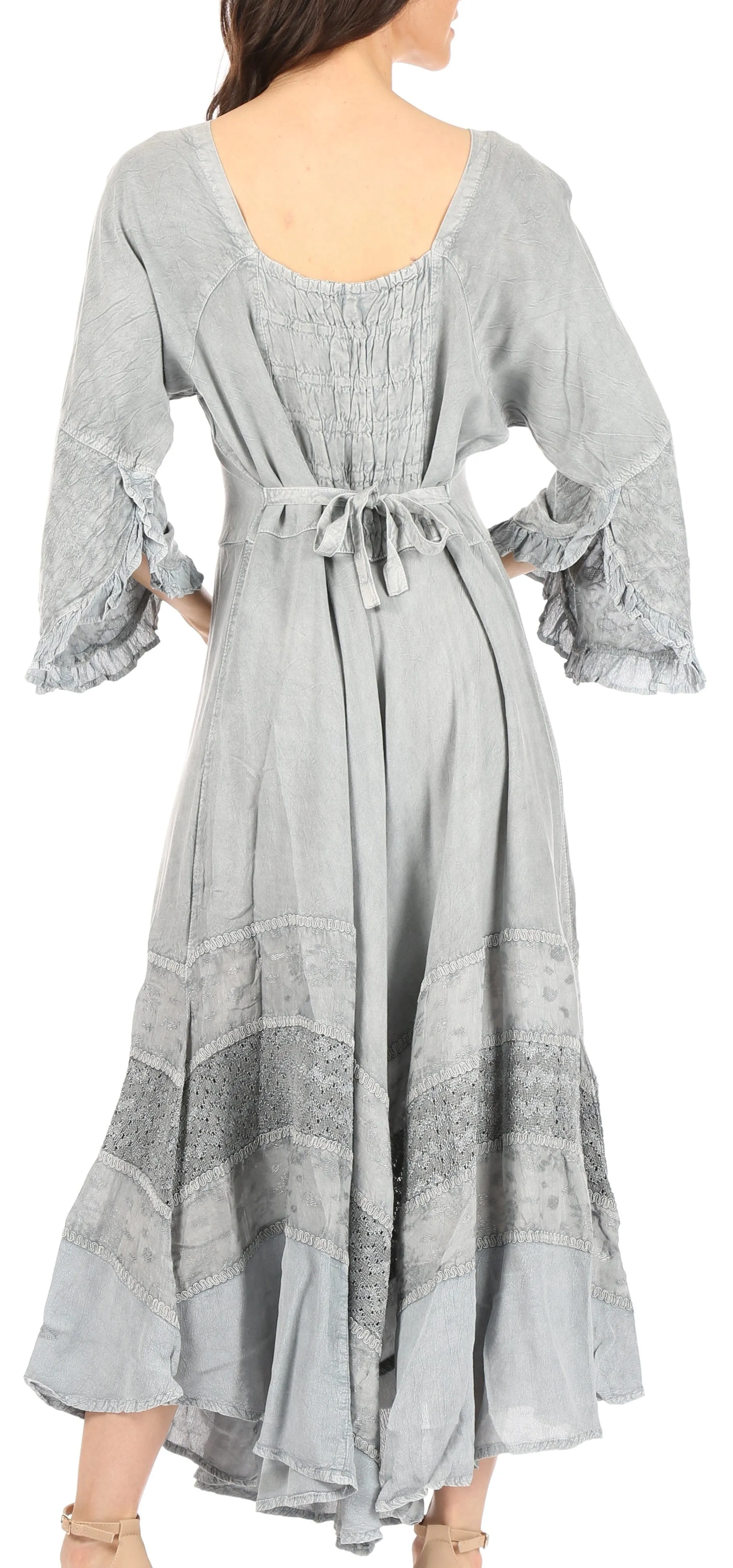 Sakkas Mirabel Stonewashed Corset Style Floral Emboridery Kimono Sleeve Dress