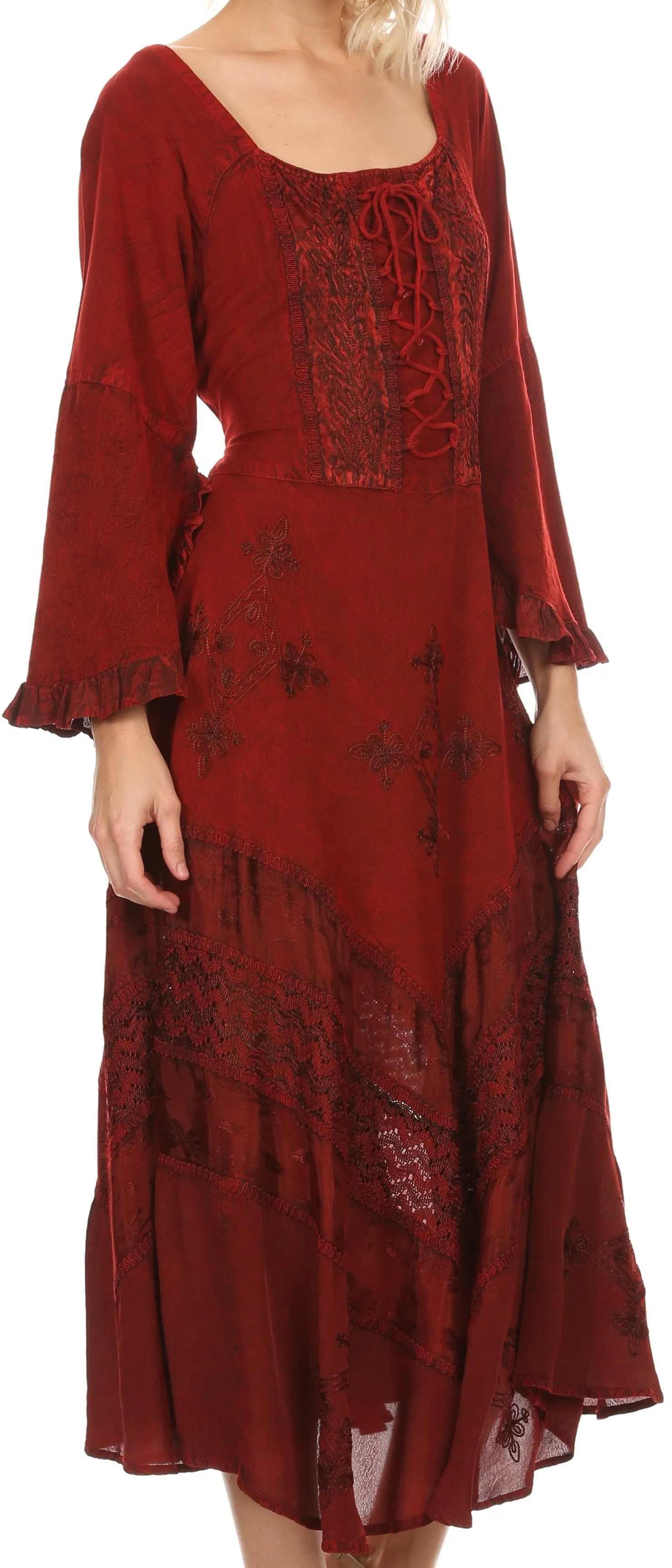 Sakkas Mirabel Stonewashed Corset Style Floral Emboridery Kimono Sleeve Dress