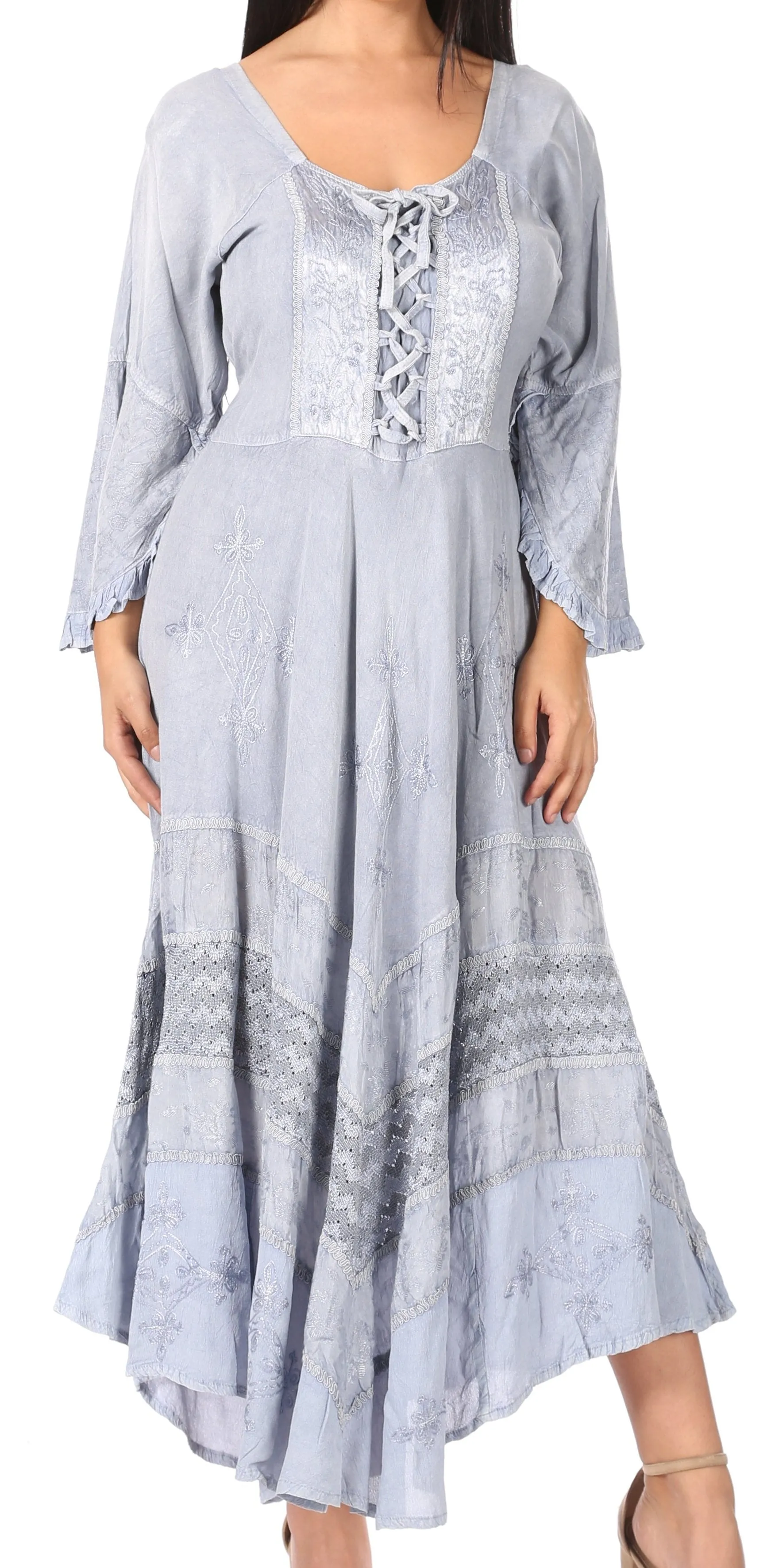 Sakkas Mirabel Stonewashed Corset Style Floral Emboridery Kimono Sleeve Dress